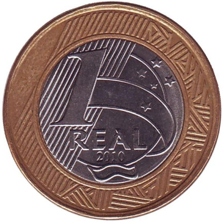 Монета 1 реал, 2010 год, Бразилия.