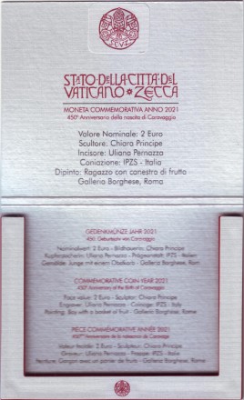 Монета 2 евро. 2021 год, Ватикан. 450 лет со дня рождения Караваджо. Монета 2 евро. 2021 год, Ватикан. 450 лет со дня рождения Караваджо.