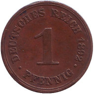 Монета 1 пфенниг. 1892 год (A), Германская империя. Монета 1 пфенниг. 1892 год (A), Германская империя.