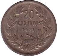 Монета 20 сентаво. 1921 год, Чили. Монета 20 сентаво. 1921 год, Чили.