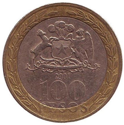 Монета 100 песо. 2001 год, Чили. Из обращения. Индеец Мапуче. Монета 100 песо. 2001 год, Чили. Из обращения. Индеец Мапуче.