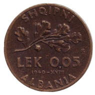 Монета 0.05 лек. 1940 год, Албания. Монета 0.05 лек. 1940 год, Албания.