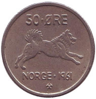 Монета 50 эре. 1961 год, Норвегия. Собака. Монета 50 эре. 1961 год, Норвегия. Собака.