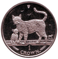 Бенгальская кошка. Монета 1 крона. 2002 год, Остров Мэн.