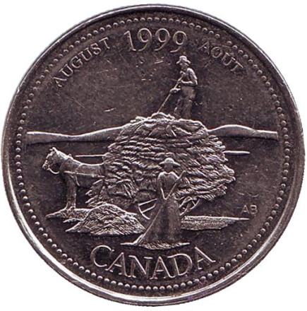 Монета 25 центов. 1999 год, Канада. Миллениум. Август 1999. Дух первооткрывателей.