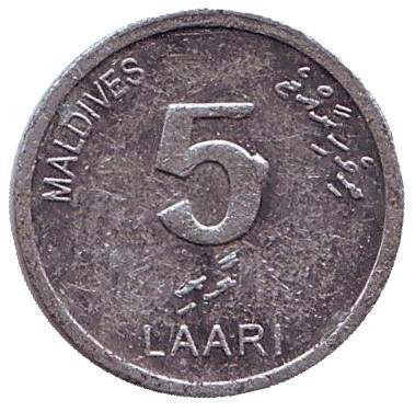 Монета 5 лари. 2012 год, Мальдивы. Из обращения. Атлантическая пеламида (Бонито).