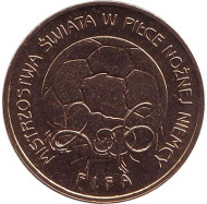 Монета 2 злотых, 2006 год, Польша. Чемпионат мира по футболу. Германия 2006. Монета 2 злотых, 2006 год, Польша. Чемпионат мира по футболу. Германия 2006.