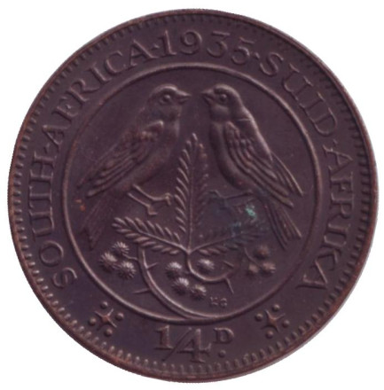 Монета 1/4 пенни (фартинг). 1935 год, ЮАР. aUNC. Птицы.