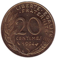 Монета 20 сантимов. 1994 год, Франция. (пчёлка).