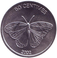 Монета 50 сантимов. 2002 год, Конго. Бабочка. Монета 50 сантимов. 2002 год, Конго. Бабочка.