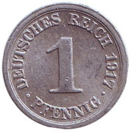 Монета 1 пфенниг. 1917 год (F), Германская империя. Монета 1 пфенниг. 1917 год (F), Германская империя.