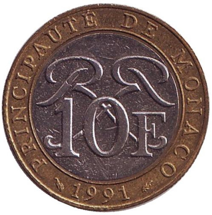 Монета 10 франков. 1991 год, Монако. Монета 10 франков. 1991 год, Монако.