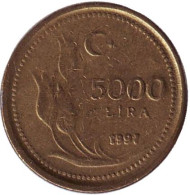 Монета 5000 лир. 1997 год, Турция. Монета 5000 лир. 1997 год, Турция.