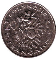 Монета 20 франков. 2000 год, Французская Полинезия. Плод хлебного дерева, стручки ванили.