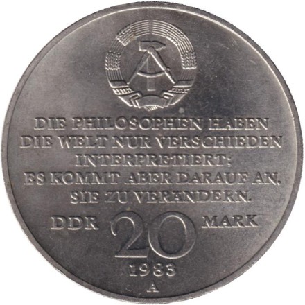 Монета 20 марок. 1983 год, ГДР. 100 лет со дня смерти Карла Маркса.