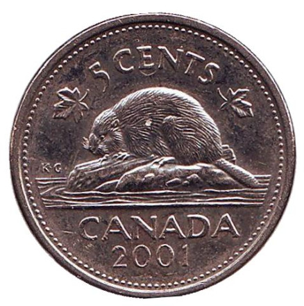 Монета 5 центов. 2001 год, Канада. (Без отметки) Бобр.
