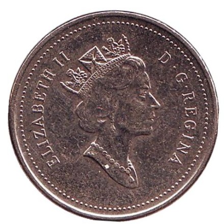 Монета 5 центов. 2001 год, Канада. (Без отметки) Бобр. Монета 5 центов. 2001 год, Канада. (Без отметки) Бобр.