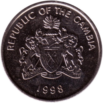 Монета 50 бутутов. 1998 год, Гамбия. Африканский бык. UNC. Монета 50 бутутов. 1998 год, Гамбия. Африканский бык. UNC.