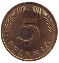 Монета 5 пфеннигов. 1991 год (D), ФРГ. Дубовые листья. Монета 5 пфеннигов. 1991 год (D), ФРГ. Дубовые листья.