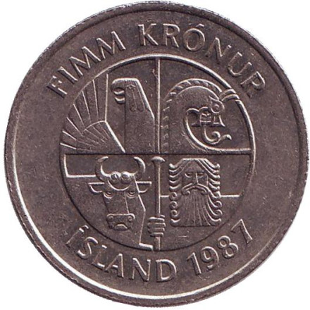 Монета 5 крон. 1987 год, Исландия. Дельфины. Монета 5 крон. 1987 год, Исландия. Дельфины.