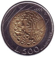 Монета 500 лир. 1999 год, Сан-Марино. Исследование Луны. Монета 500 лир. 1999 год, Сан-Марино. Исследование Луны.