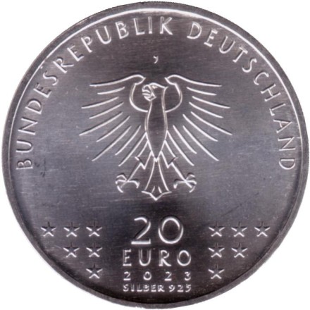 Монета 20 евро. 2023 год (J), Германия. 125 лет со дня рождения Бертольта Брехта.