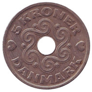 Монета 5 крон. 1990 год, Дания.