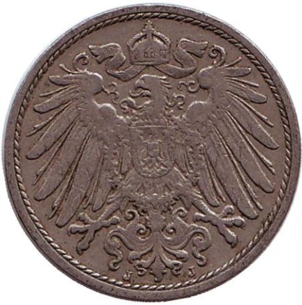 Монета 10 пфеннигов. 1907 год (J), Германская империя. Монета 10 пфеннигов. 1907 год (J), Германская империя.