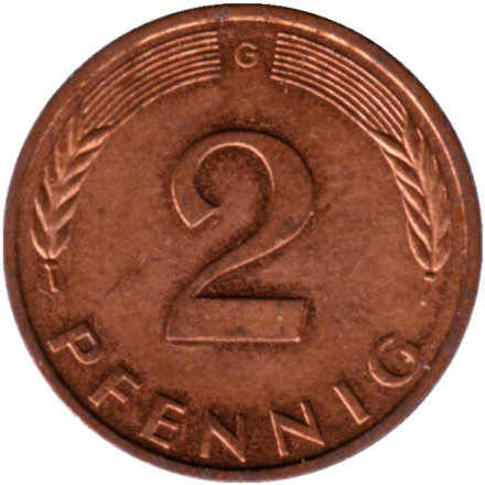 Монета 2 пфеннига. 1987 год (G), ФРГ. Дубовые листья.