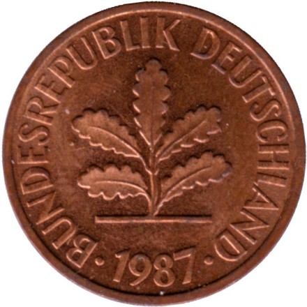 Монета 2 пфеннига. 1987 год (G), ФРГ. Дубовые листья. Монета 2 пфеннига. 1987 год (G), ФРГ. Дубовые листья.