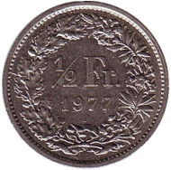 Монета 1/2 франка. 1977 год, Швейцария. Монета 1/2 франка. 1977 год, Швейцария.
