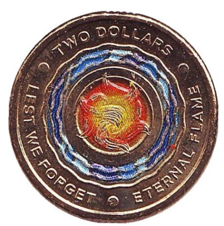 Монета 2 доллара. 2018 год, Австралия. Вечный огонь. Чтобы мы помнили.