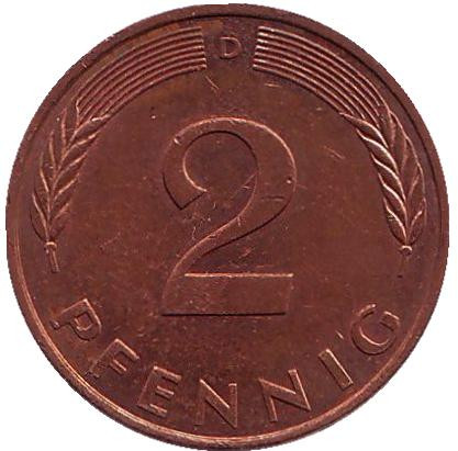 Монета 2 пфеннига. 1993 год (D), ФРГ. Дубовые листья.