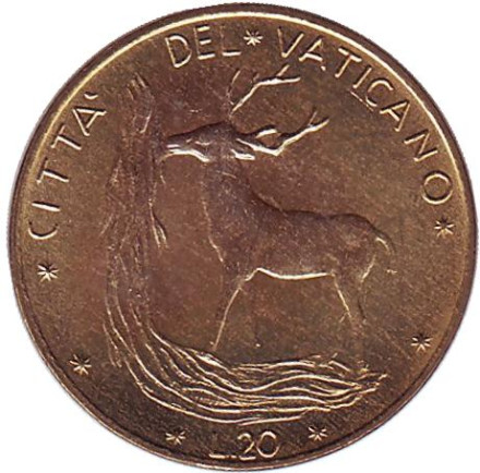 Монета 20 лир. 1974 год, Ватикан. Благородный олень.