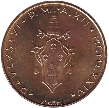 Монета 20 лир. 1974 год, Ватикан. Благородный олень. Монета 20 лир. 1974 год, Ватикан. Благородный олень.