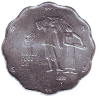 Монета 10 пайсов. 1981 год, Индия. FAO. Международный день еды. ("♦" - Бомбей). Монета 10 пайсов. 1981 год, Индия. FAO. Международный день еды. ("♦" - Бомбей).