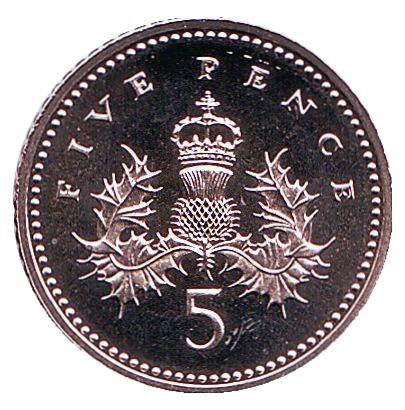 Монета 5 пенсов. 1999 год, Великобритания. BU.