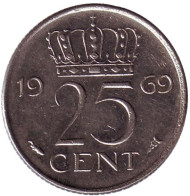 Монета 25 центов. 1969 год, Нидерланды. (Рыбка). Монета 25 центов. 1969 год, Нидерланды. (Рыбка).
