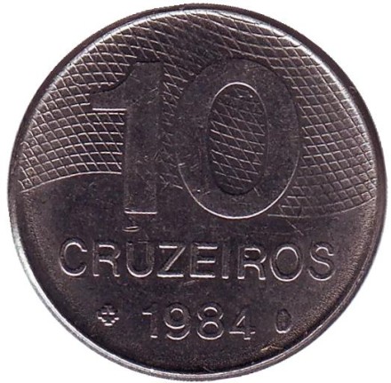 Монета 10 крузейро. 1984 год, Бразилия. Карта Бразилии.