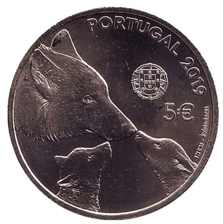 Монета 5 евро. 2019 год, Португалия. Иберийский волк. Монета 5 евро. 2019 год, Португалия. Иберийский волк.