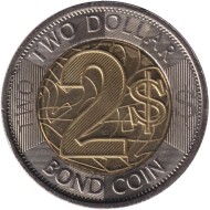 Монета 2 доллара. 2018 год, Зимбабве. Бонд-коин. Монета 2 доллара. 2018 год, Зимбабве. Бонд-коин.