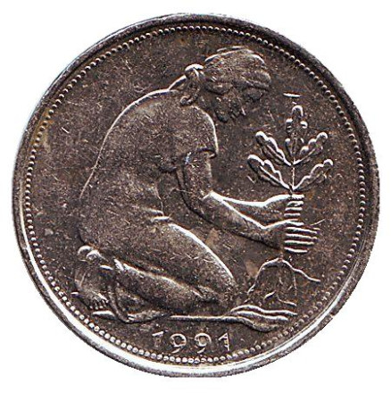 Монета 50 пфеннигов. 1991 год (A), ФРГ. Женщина, сажающая дуб.