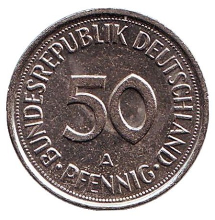 Монета 50 пфеннигов. 1991 год (A), ФРГ. Женщина, сажающая дуб. Монета 50 пфеннигов. 1991 год (A), ФРГ. Женщина, сажающая дуб.