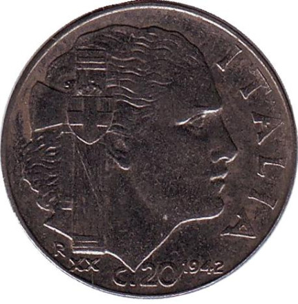 Монета 20 чентезимо. 1942 год, Италия. (Магнитные, ребристый гурт) Виктор Эммануил III.