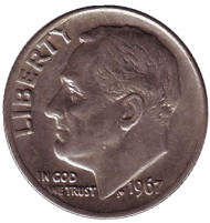Монета 10 центов. 1967 год, США. Рузвельт. Монета 10 центов. 1967 год, США. Рузвельт.