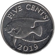 Монета 5 центов. 2019 год, Бермудские острова. Тропическая рыба (Ангел-королева).   Монета 5 центов. 2019 год, Бермудские острова. Тропическая рыба (Ангел-королева).
