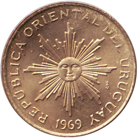 Монета 1 песо. 1969 год, Уругвай. UNC. Цветок. Монета 1 песо. 1969 год, Уругвай. UNC. Цветок.