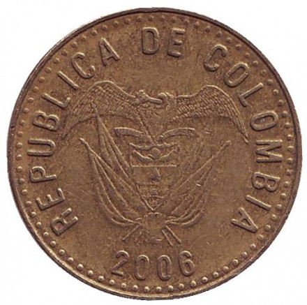 Монета 100 песо. 2006 год, Колумбия.