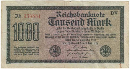 Рейхсбанкнота 1000 марок. 1922 год, Веймарская республика. Белая бумага. Водяной знак - волна. Серийный номер - Две буквы, шесть цифр (красные,большие), две буквы. Тип 76q.