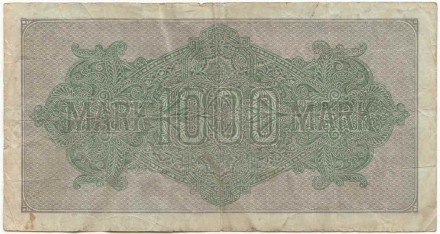 Рейхсбанкнота 1000 марок. 1922 год, Веймарская республика. Белая бумага. Водяной знак - волна. Серийный номер - Две буквы, шесть цифр (красные,большие), две буквы. Тип 76q. Рейхсбанкнота 1000 марок. 1922 год, Веймарская республика. Белая бумага. Водяной знак - волна. Серийный номер - Две буквы, шесть цифр (красные,большие), две буквы. Тип 76q.